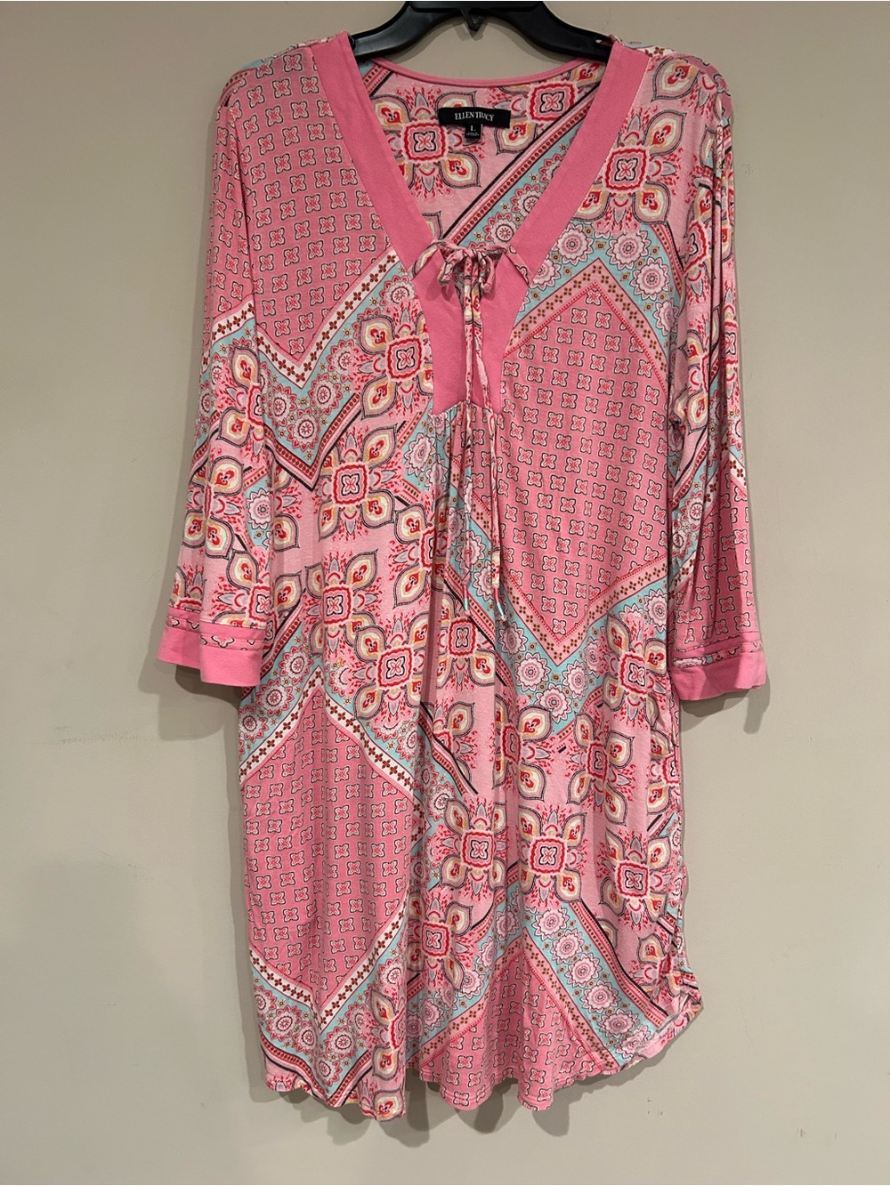 Ellen Tracy Pink Paisley & Geo Tie-Front Sleep Tunic
